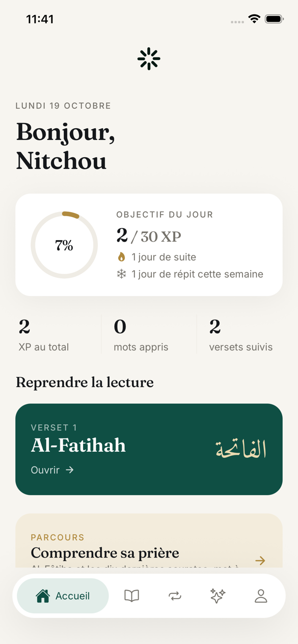 Accueil : objectif du jour, série, reprise de lecture