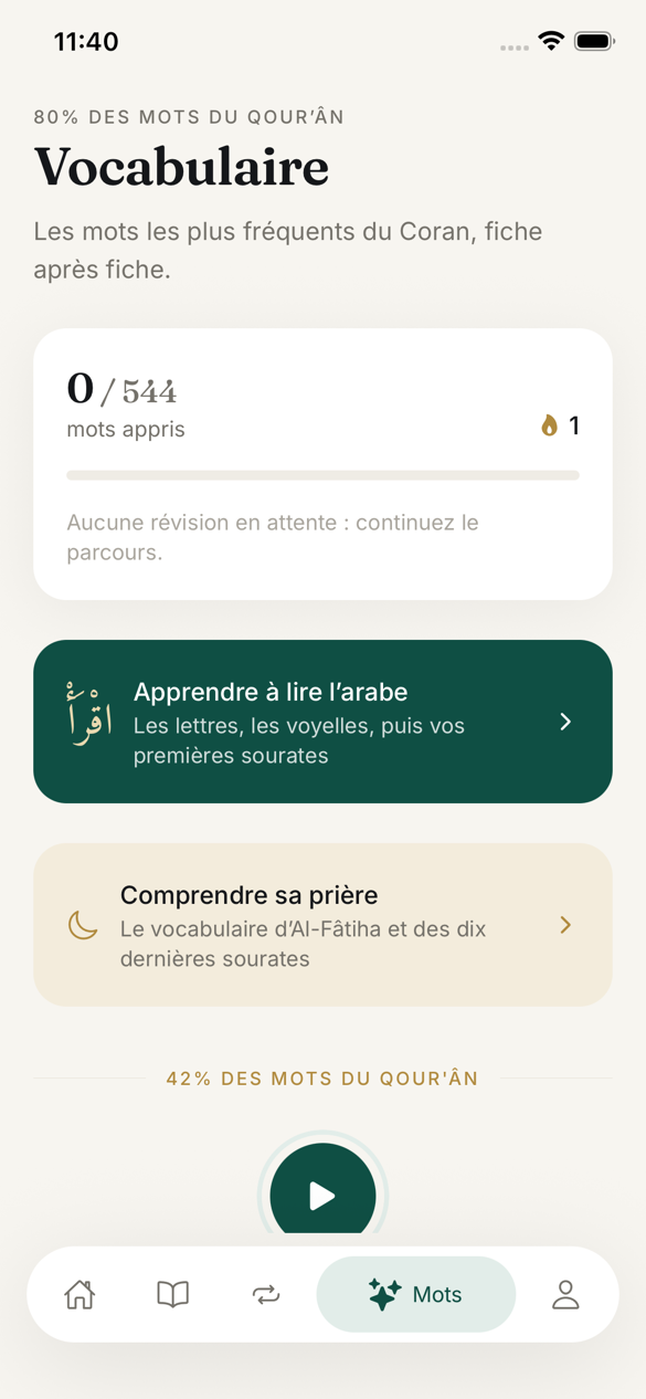 Onglet Vocabulaire : progression et parcours